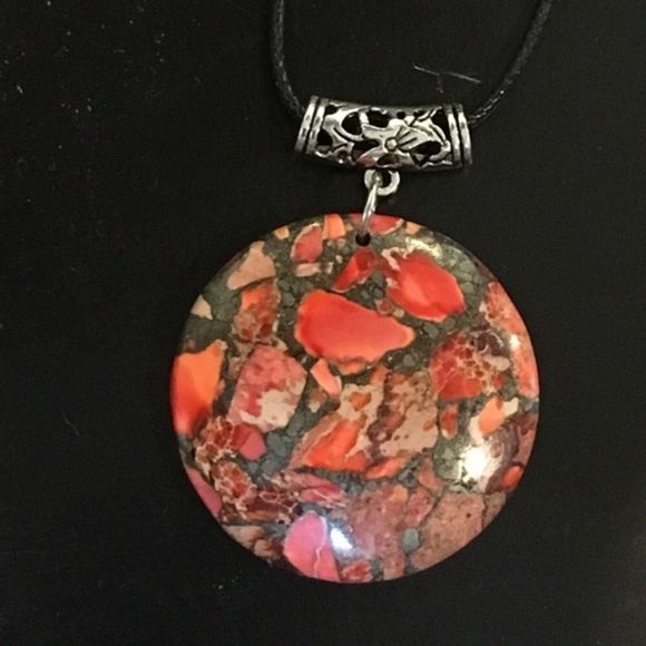 Orange Grey Jasper Pyrite Pendant on Waxed Necklace w/ Lobster Claw Clasp - Picture 1 of 9